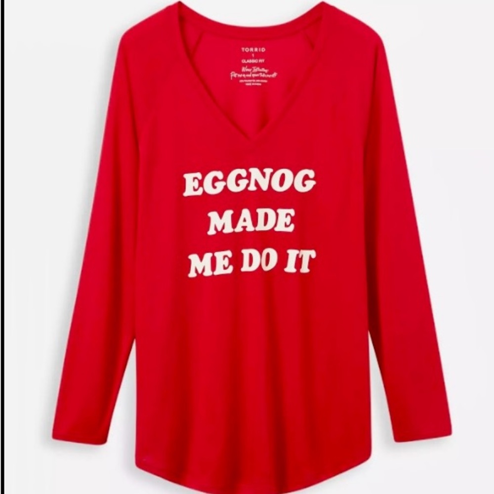 Torrid Classic Relaxed Long Sleeve Soft Tee V Neck Eggnog Red Holiday Shirt 2X